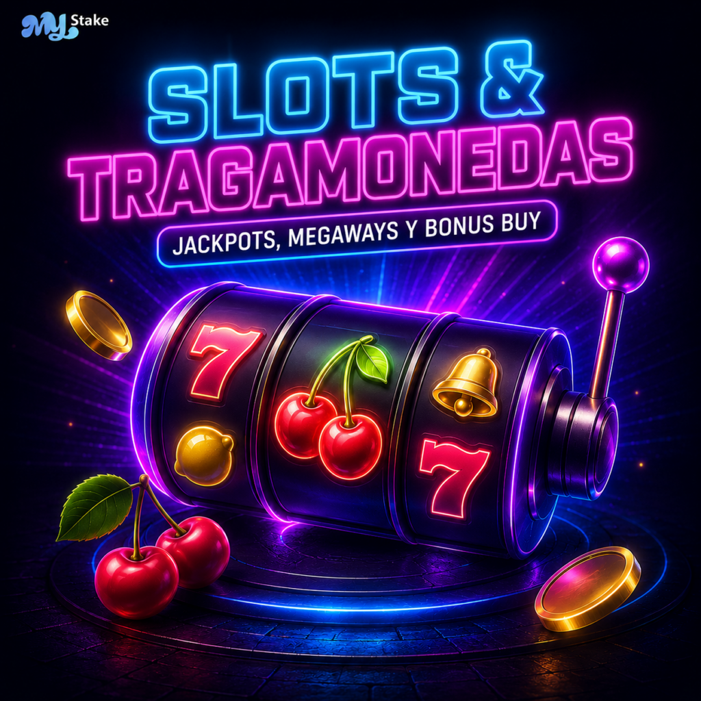 Slots y tragamonedas de MyStake Casino con carrete 777, cerezas, monedas, jackpots, Megaways y bonus buy