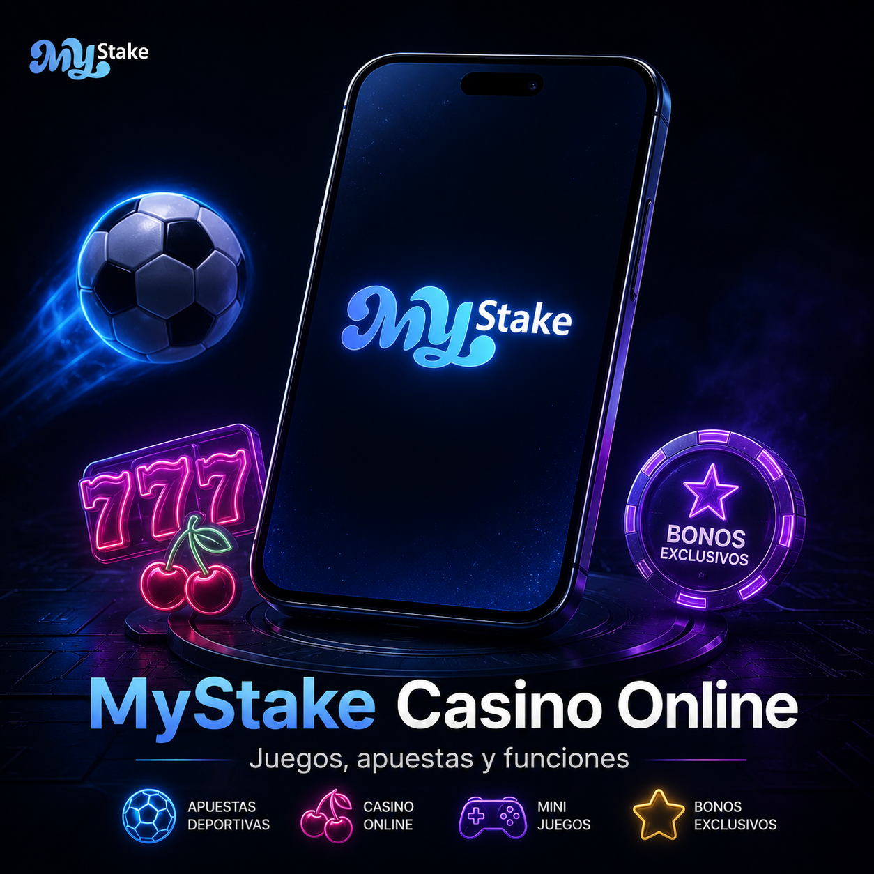 : Logo de MyStake en la pantalla de un teléfono con elementos de casino, apuestas deportivas, minijuegos y bonos exclusivos.