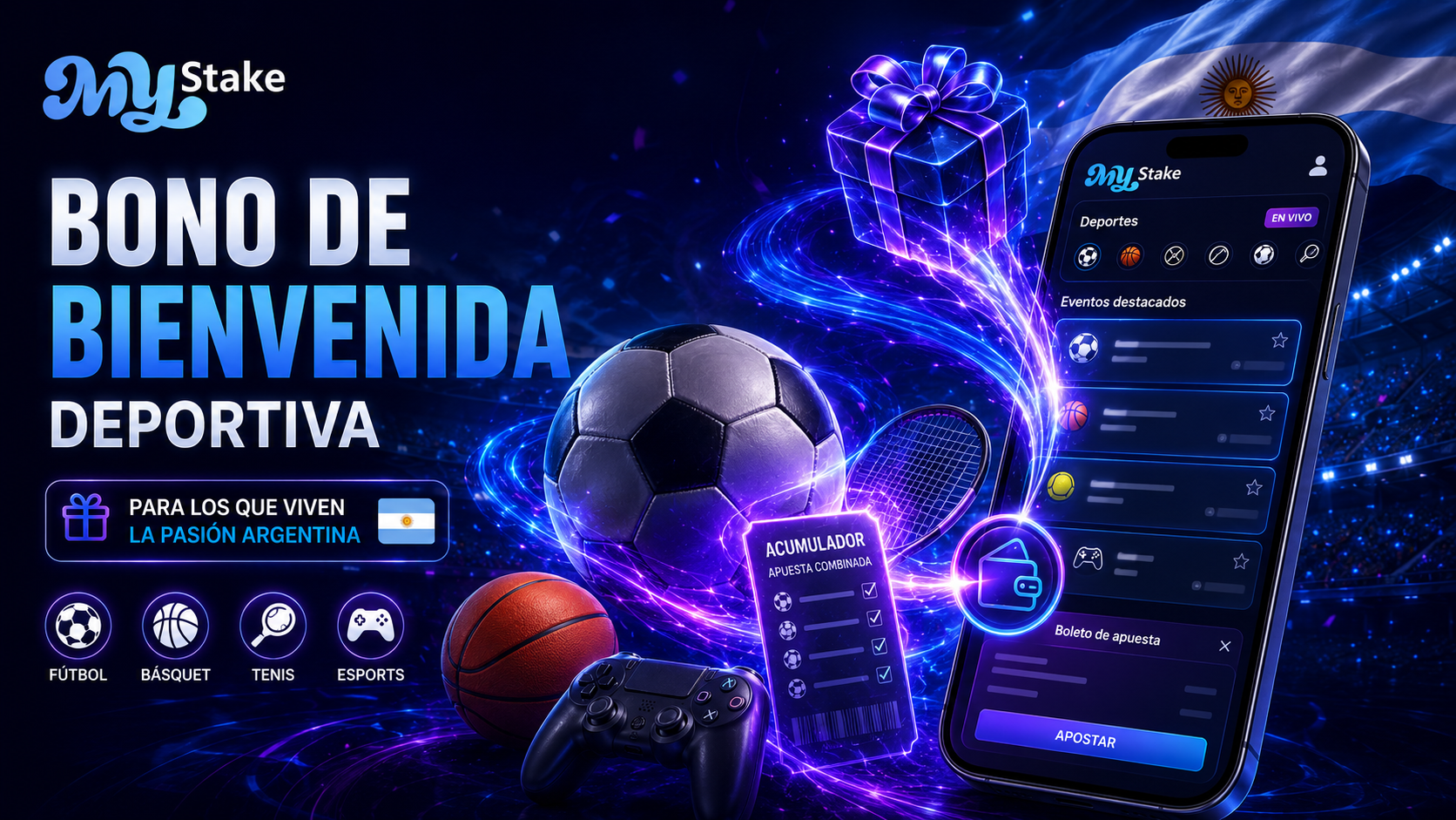 Promoción deportiva de MyStake para fútbol, básquet, tenis, esports y apuestas combinadas