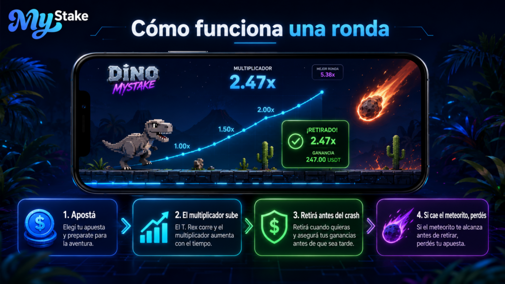 Ronda de Dino MyStake con apuesta, multiplicador creciente, retiro antes del crash y caída del meteorito