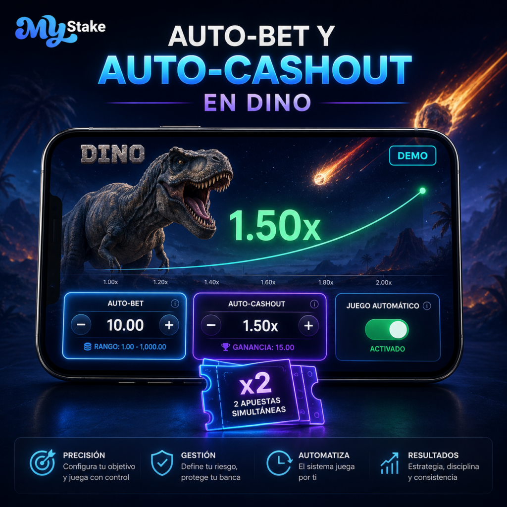 Configuración de auto-bet, auto-cashout y dos apuestas simultáneas en Dino MyStake