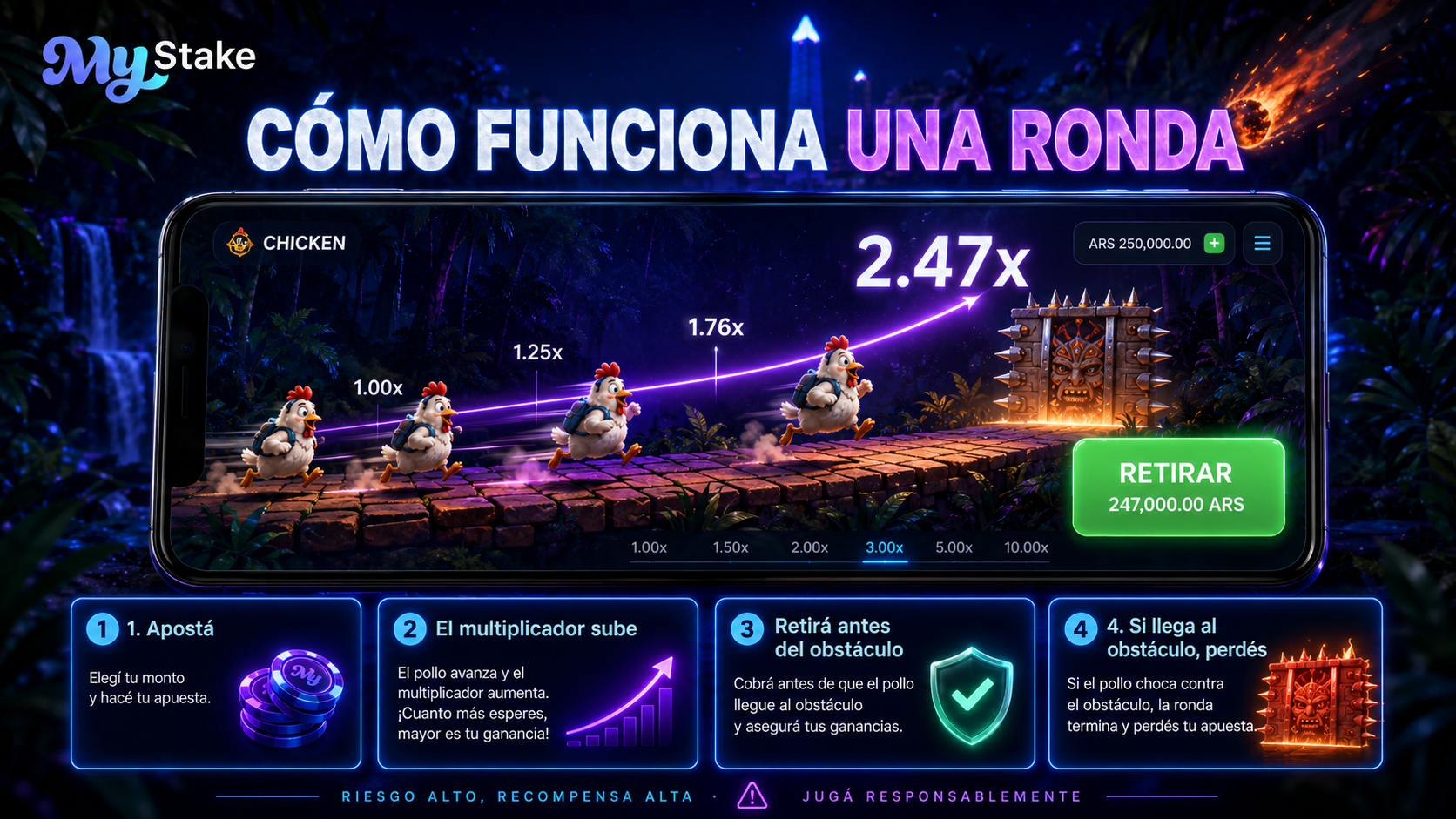 Ronda de MyStake Chicken con apuesta, avance de la gallina, aumento del multiplicador y retiro antes del obstáculo