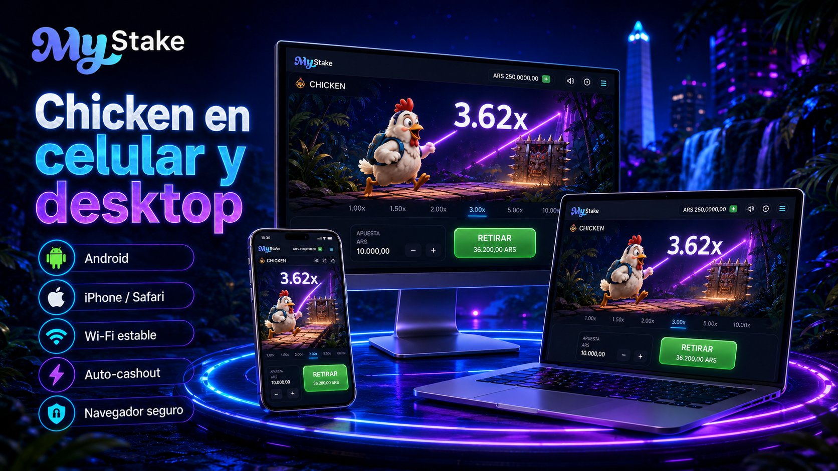Juego MyStake Chicken en Android, iPhone, computadora y laptop con conexión estable y auto-cashout