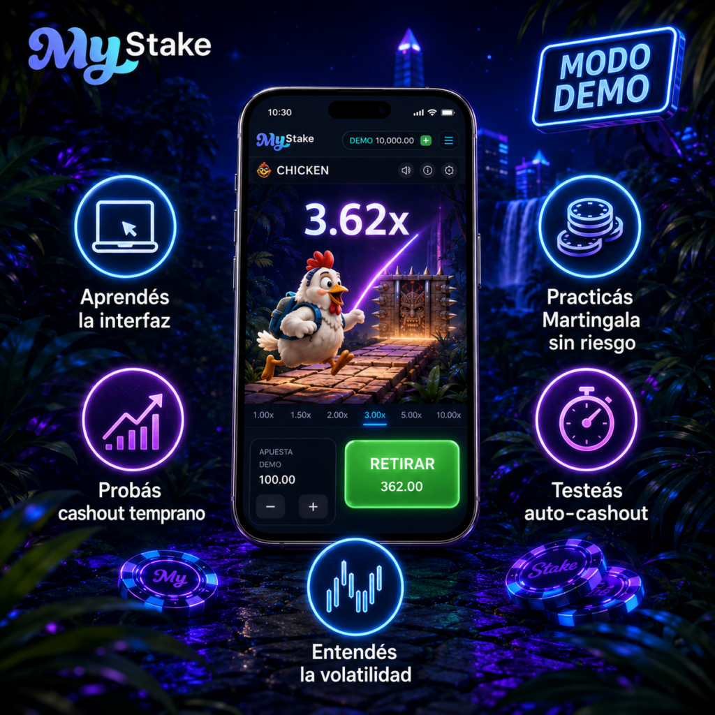 Modo demo de MyStake Chicken para practicar la interfaz, cashout temprano, Martingala y auto-cashout sin dinero real