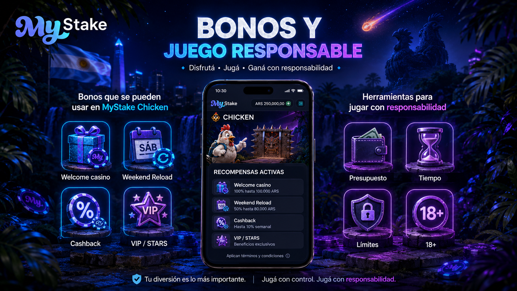 Bonos disponibles para MyStake Chicken y herramientas de juego responsable con presupuesto, tiempo, límites y acceso 18+