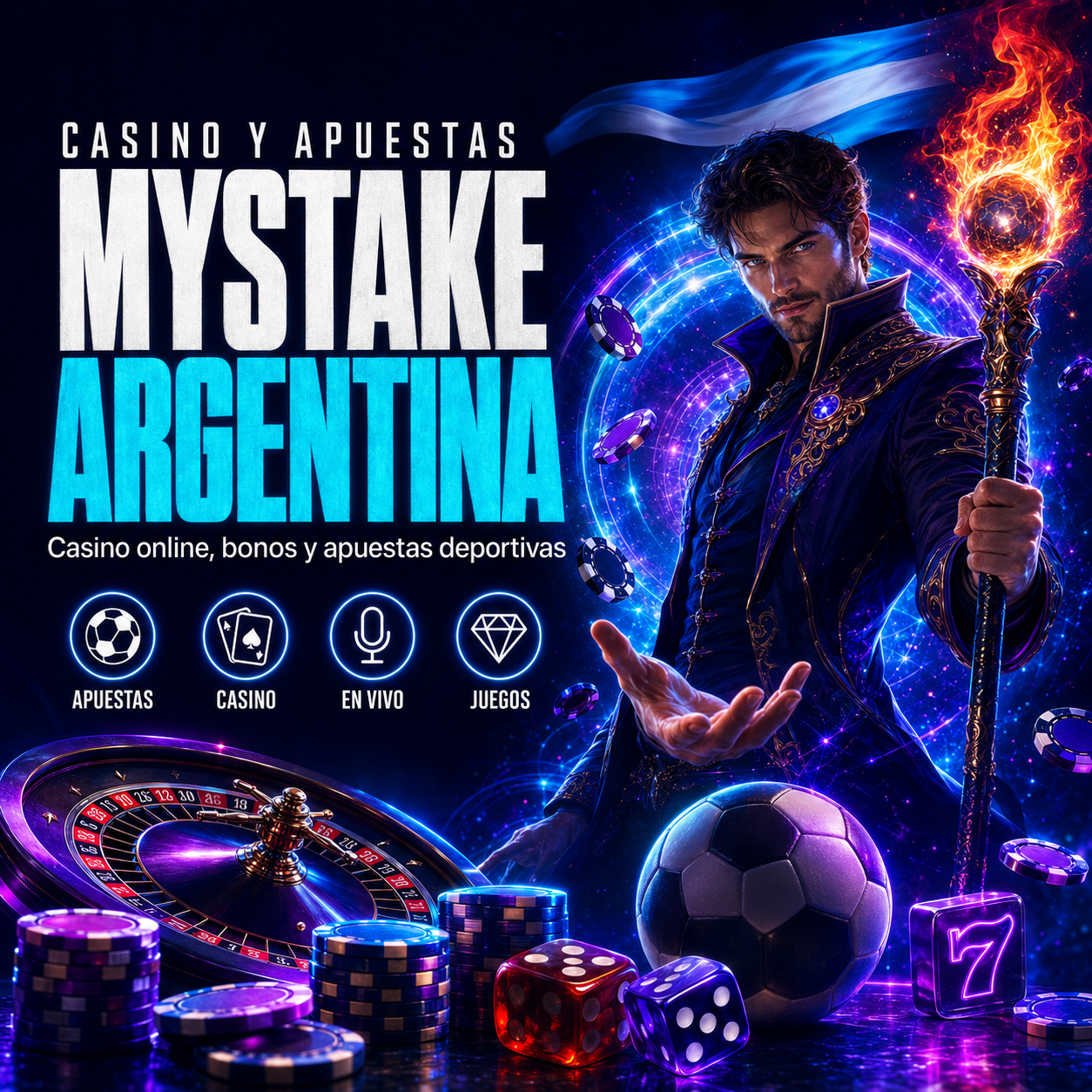 Ilustración de MyStake Argentina con jugadora, ruleta, fichas de casino y fútbol