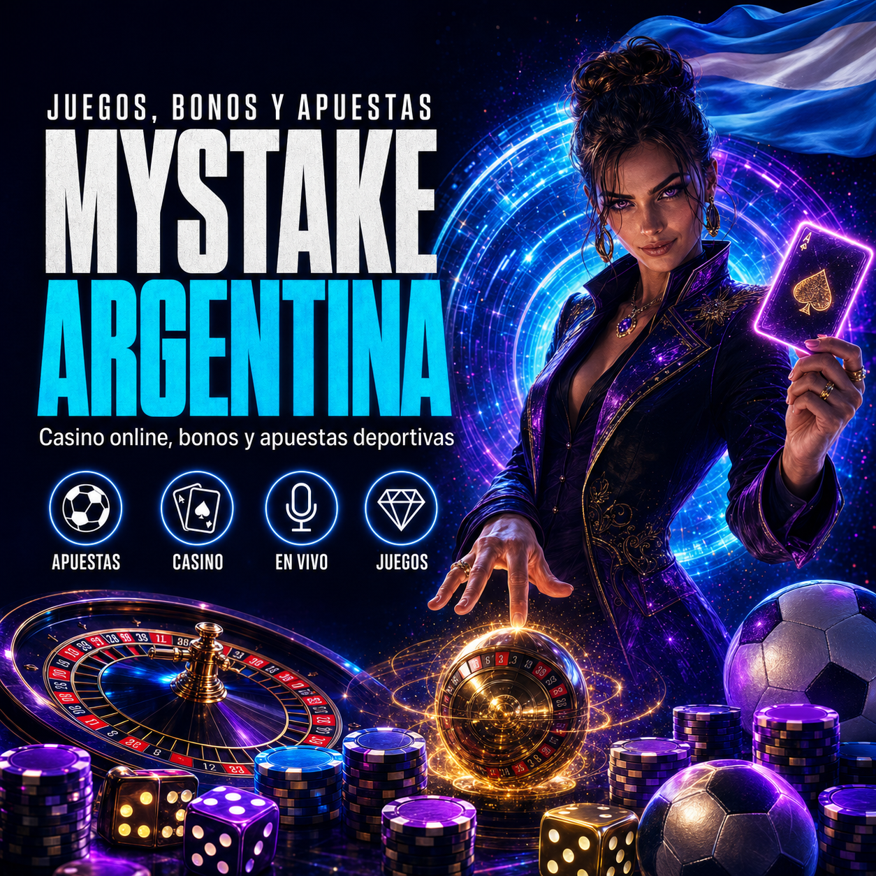 Ilustración de MyStake Argentina con casino online, ruleta, fichas, dados y apuestas deportivas