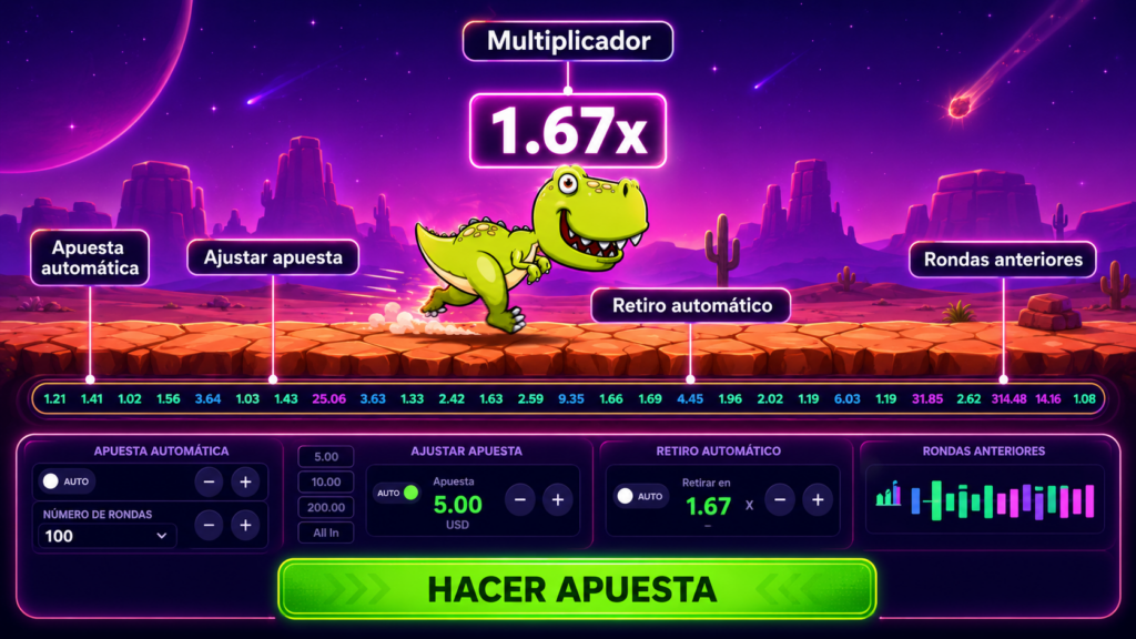 Pantalla de Dino MyStake con controles de apuesta, historial y botón de retiro