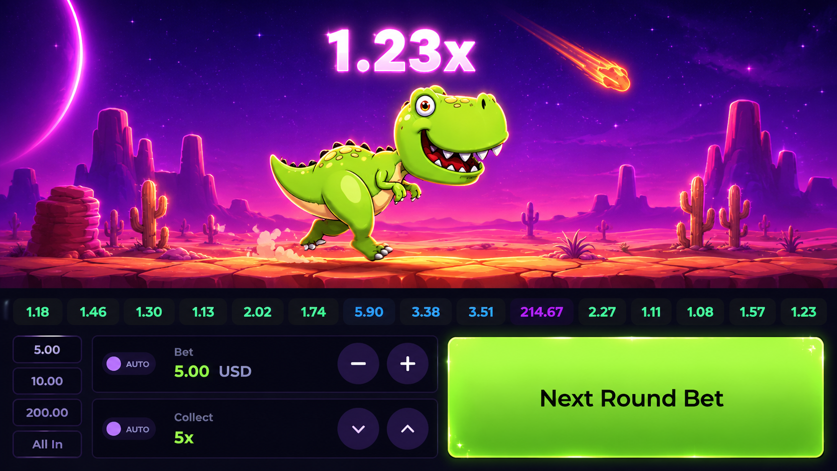 Interfaz principal de Dino MyStake con multiplicador, apuesta y panel de juego
