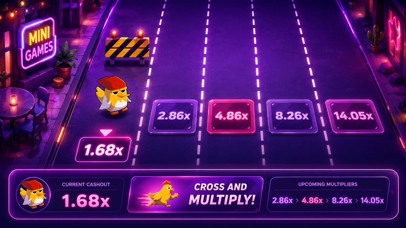 Escena del juego MyStake Chicken con obstáculos, huevo y multiplicadores destacados