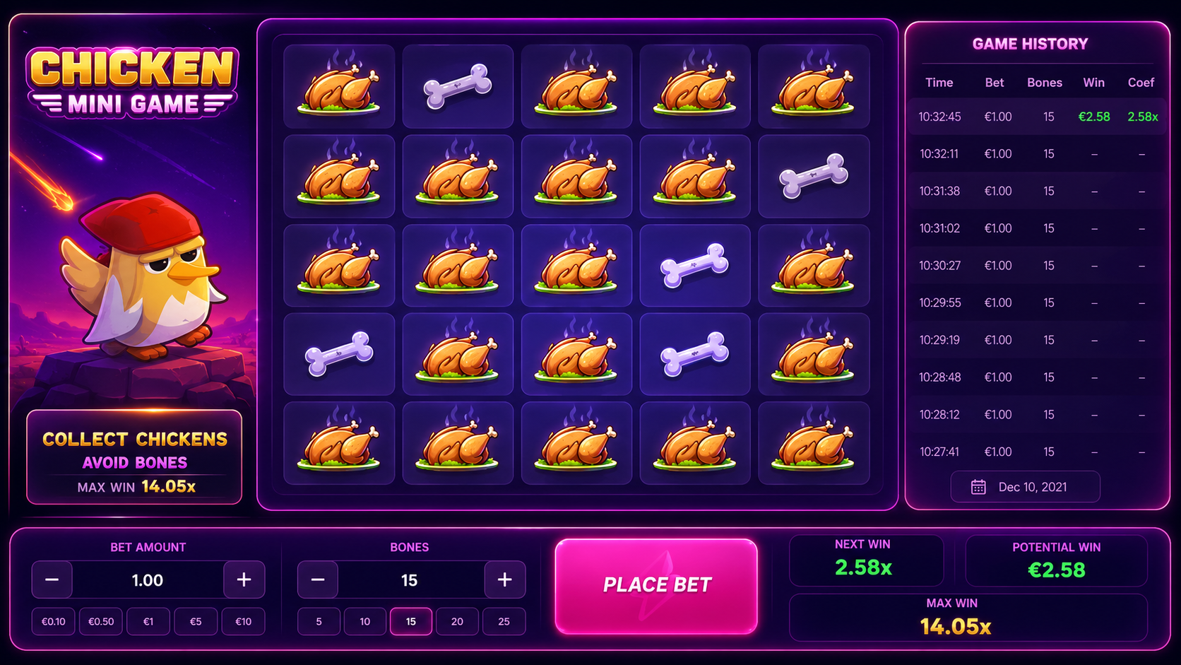 Ronda activa de MyStake Chicken con el personaje avanzando entre multiplicadores