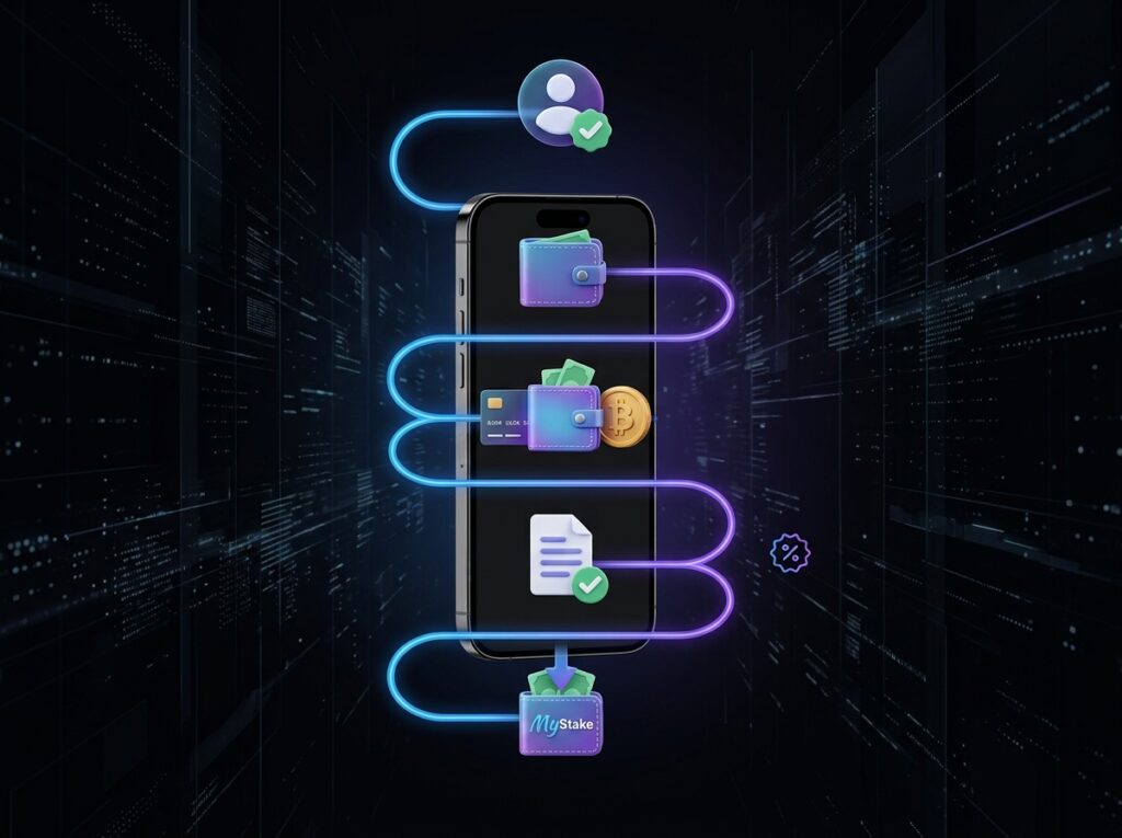 Proceso para depositar en MyStake desde el perfil, seleccionar un método y confirmar la operación