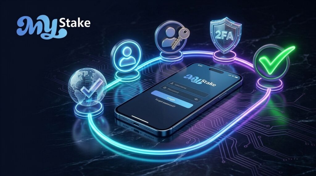 Proceso de MyStake Login con usuario, contraseña, verificación 2FA y acceso seguro