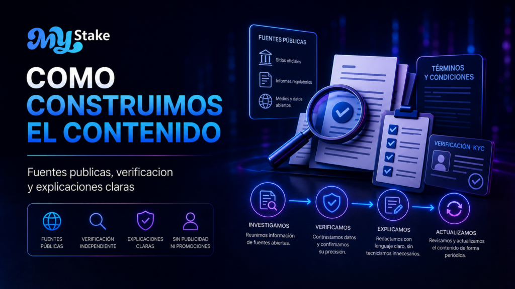 Ilustración de MyStake sobre fuentes públicas, revisión editorial, verificación de datos y actualización de contenidos