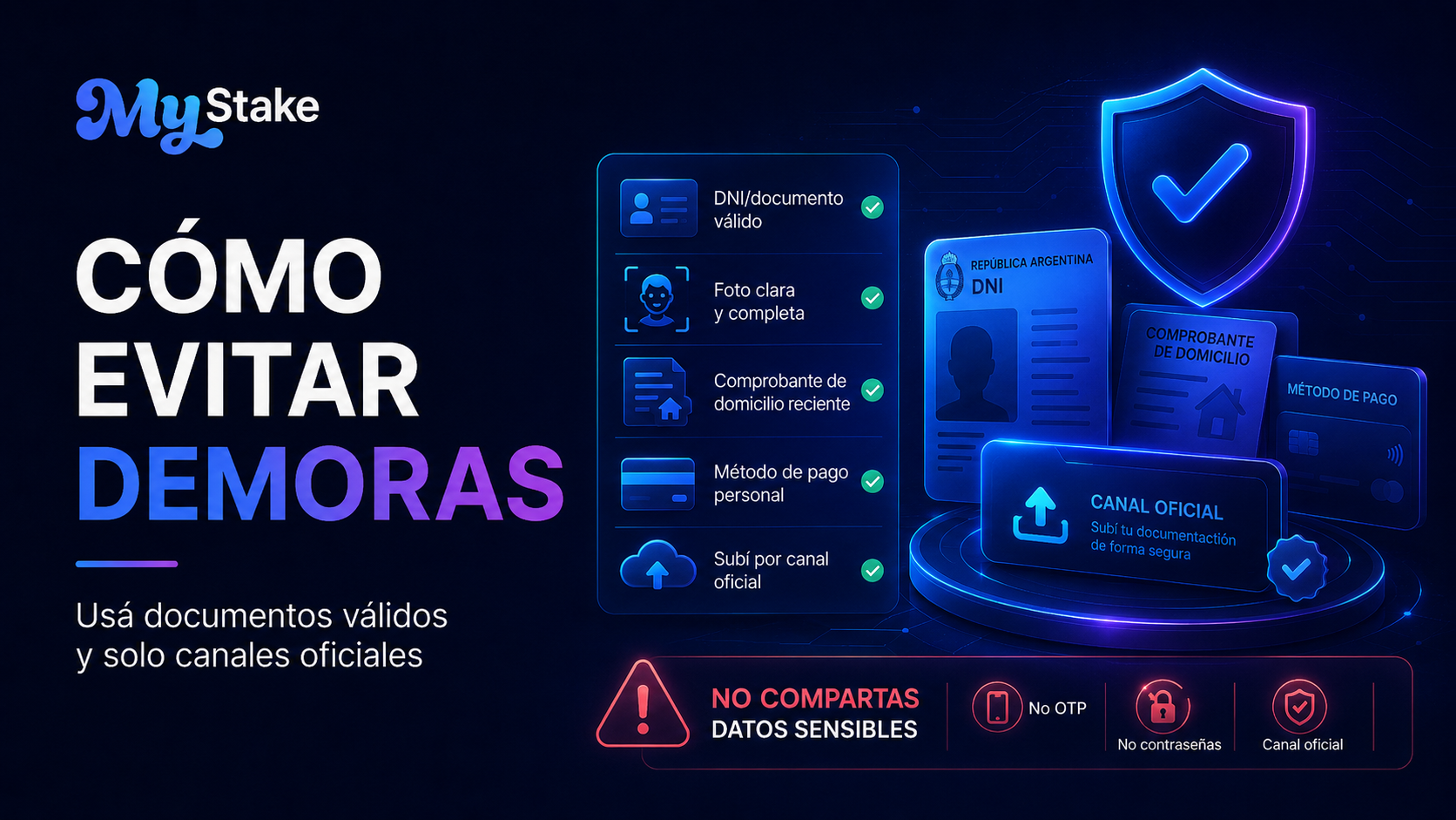 Ilustración de MyStake con consejos para evitar demoras KYC usando documentos válidos y canales oficiales