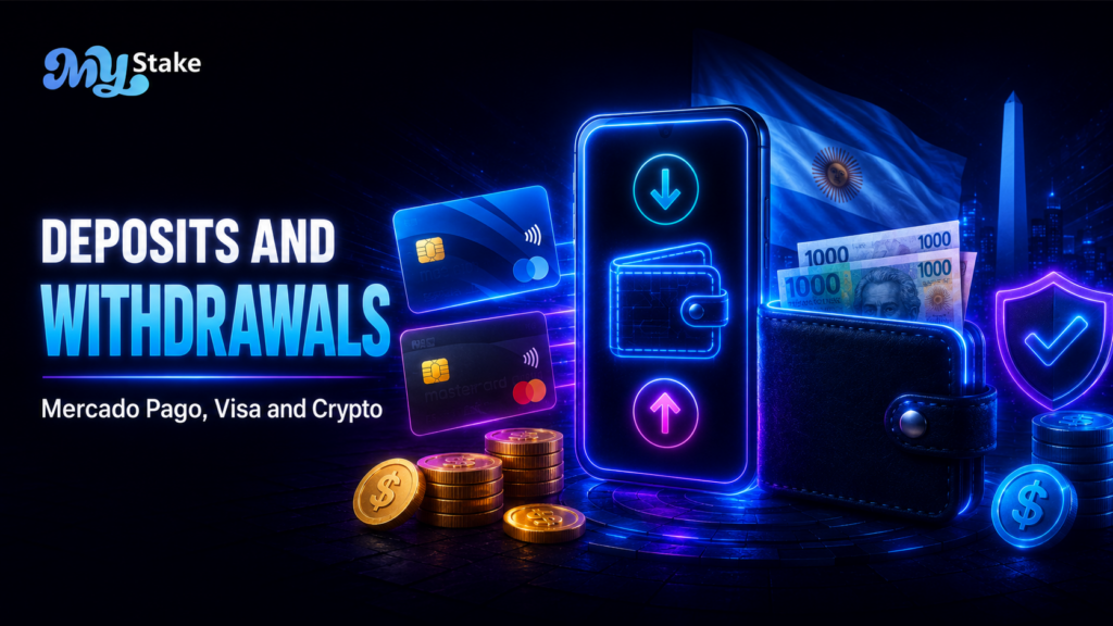 MyStake deposits and withdrawals banner with payment cards, mobile wallet icons, Argentine peso notes, and a security shield.