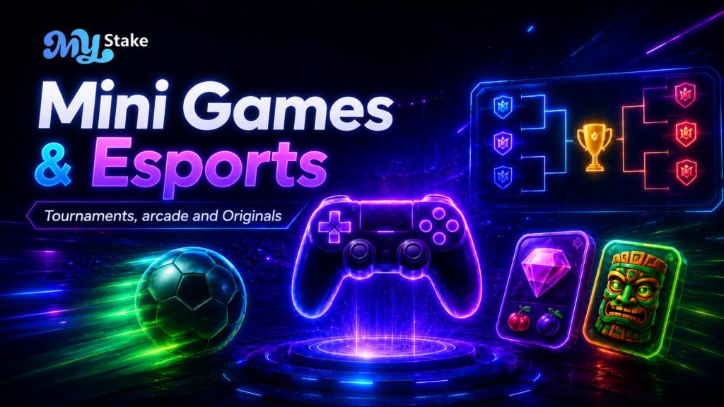 MyStake mini games and esports banner with a game controller, tournament bracket, football, and arcade-style game icons.