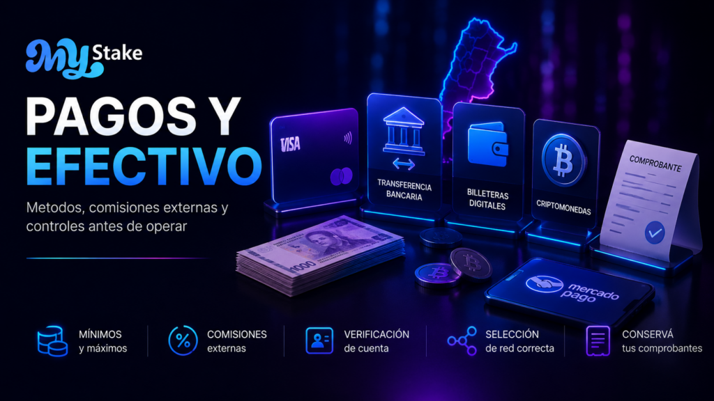 Ilustración de MyStake sobre métodos de pago, billeteras digitales, transferencias, criptomonedas y comprobantes