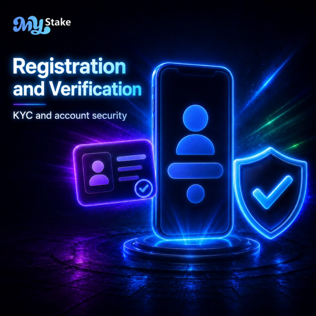 MyStake registration and verification graphic with KYC account security, an ID card, smartphone profile icon, and security shield.