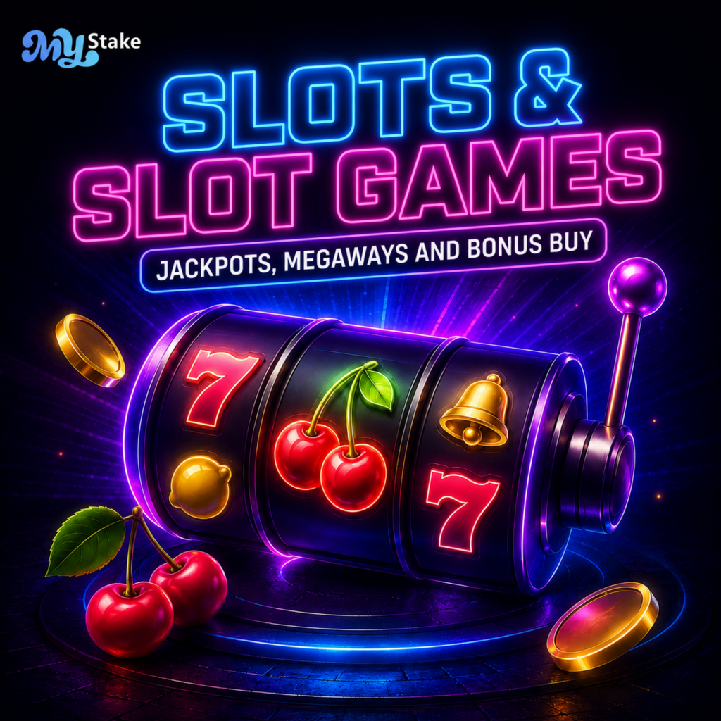 MyStake slots and slot games graphic with a neon slot machine, cherries, coins, jackpots, Megaways, and bonus buy theme.