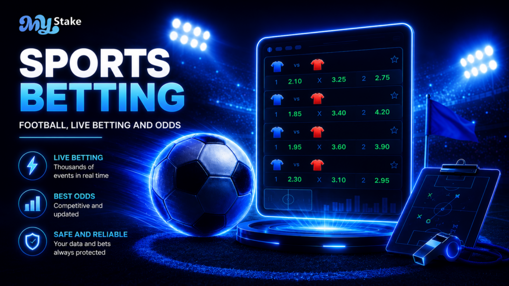 MyStake sports betting banner with a football, live betting odds screen, coaching board, and secure betting features.