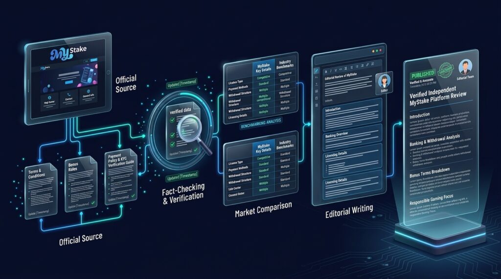 Editorial workflow using official MyStake terms, bonus rules, payment policies and KYC information to prepare an article