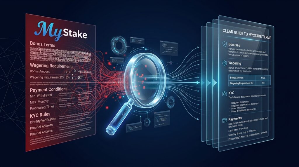 Complex MyStake bonus, payment and KYC conditions transformed into a clear and structured English article