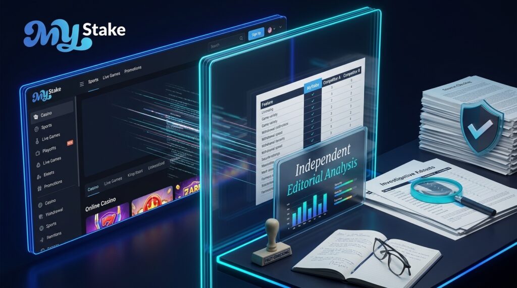 MyStake platform displayed separately from an independent editorial workspace with fact-checking and comparison tools