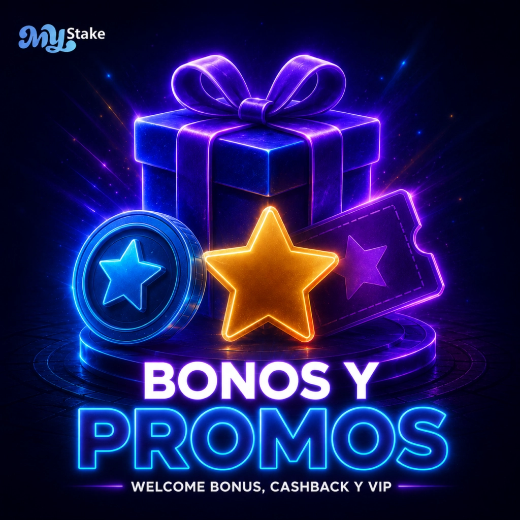 Bonos y promociones de MyStake Casino con regalo, estrella de fidelidad y ticket promocional