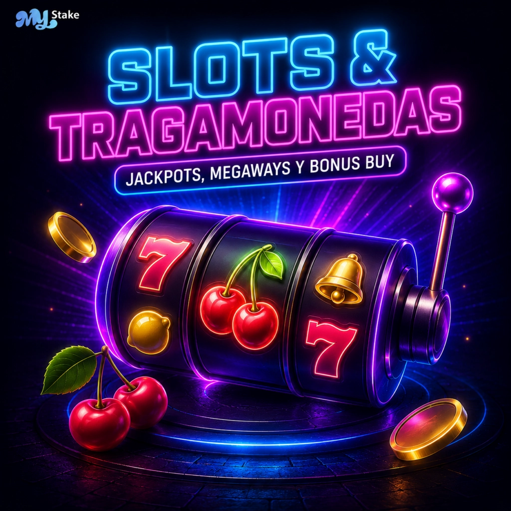 Slots y tragamonedas de MyStake Casino con carrete 777, cerezas, monedas, jackpots, Megaways y bonus buy