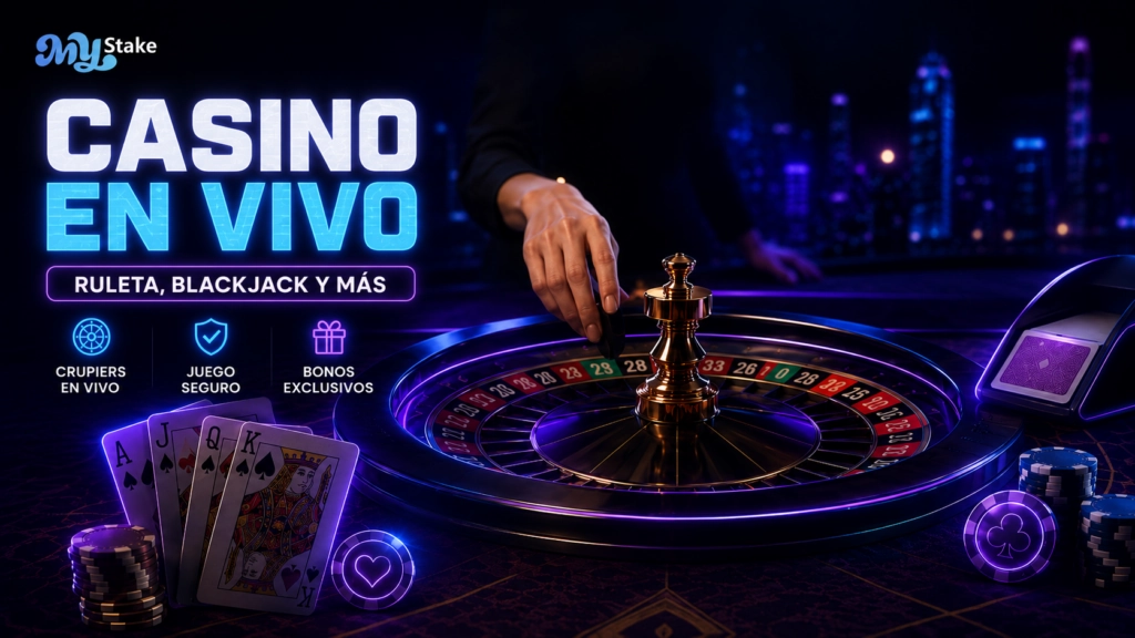 Casino en vivo de MyStake con ruleta, cartas, fichas, crupier y ambiente premium de juego online