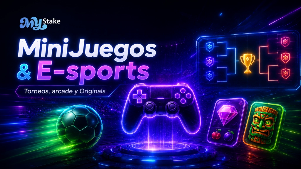 MiniJuegos y E-sports de MyStake con mando, torneos, arcade, Originals y competición online