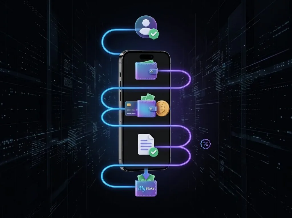 Proceso para depositar en MyStake desde el perfil, seleccionar un método y confirmar la operación