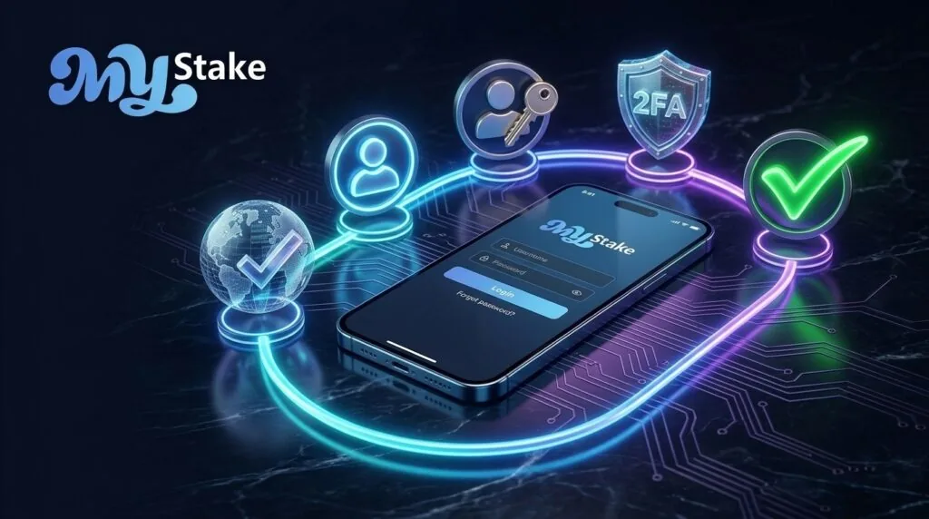 Proceso de MyStake Login con usuario, contraseña, verificación 2FA y acceso seguro